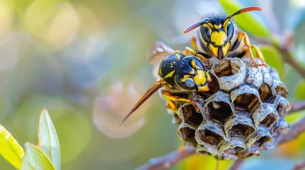 Yellow jackets perched on their nest.