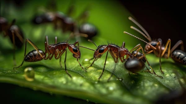 A group of ants interacting on a vibrant green leaf.